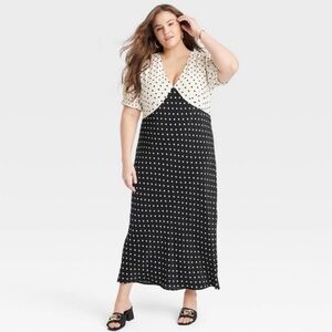 A New Day Puff Midi Black/White Polka Dress